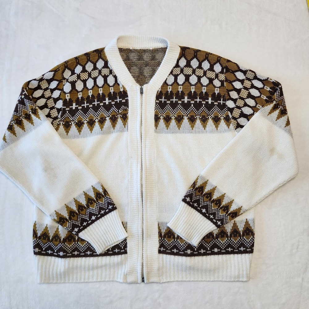 Fair Isle Sweater Womens Large Grandpa Cardigan Nordic Geometric‎ *Stains READ